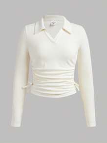 SHEIN 少女編織純色肋領褶皺長袖休閒T卹 - 米色 - 查看 1