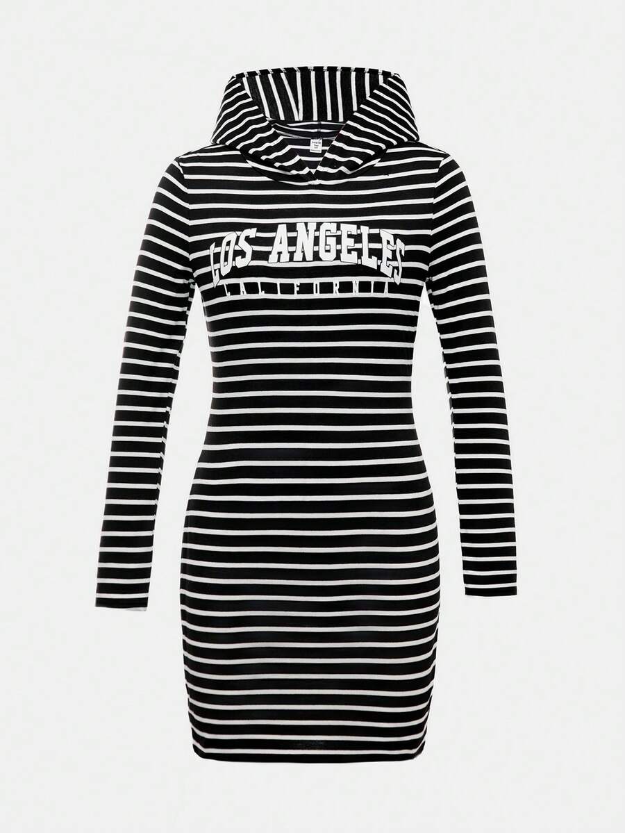 SHEIN Teen Girl Striped & Letter Graphic Hooded Dress - Black and White - View 1