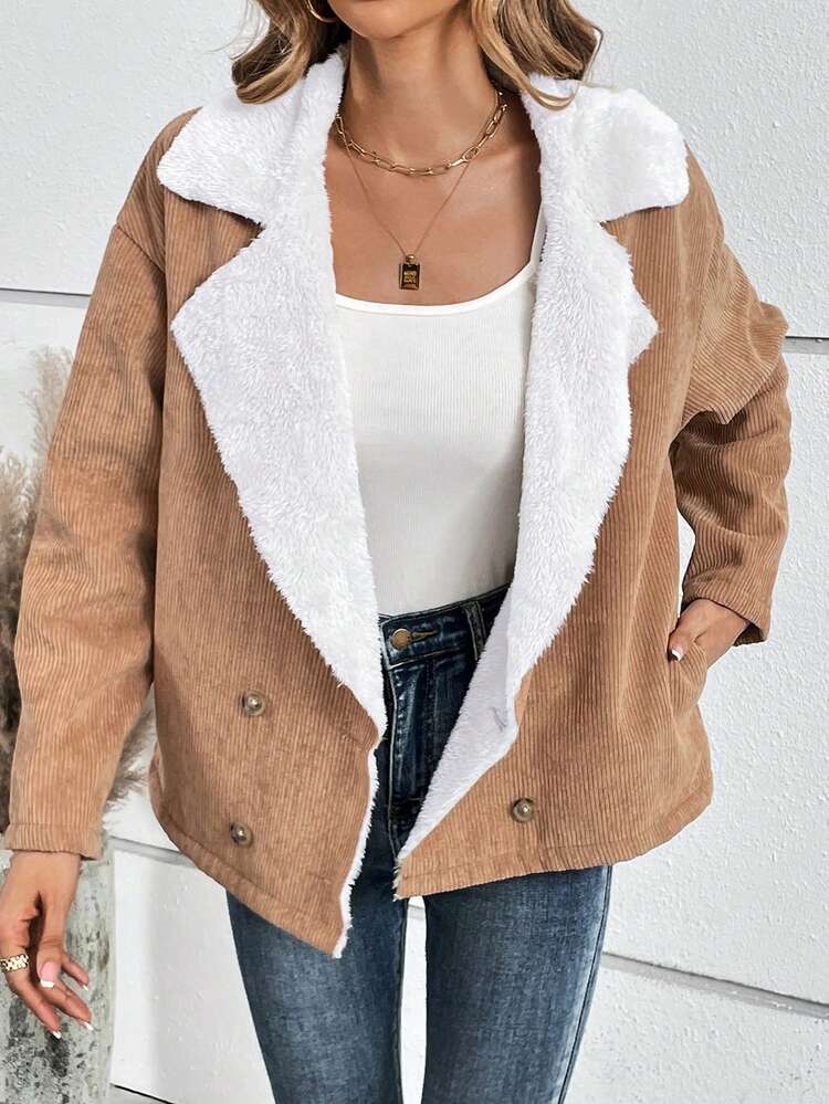 Lapel Neck Double Breasted Teddy Lined Corduroy Coat