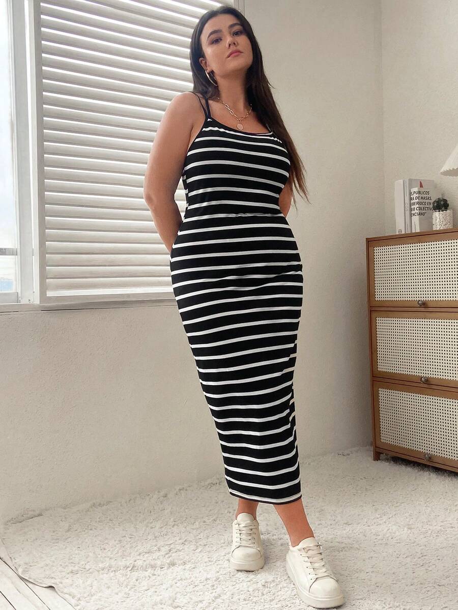 SHEIN Essnce Hơn In sọc Váy Dây - Đen và trắng - Xem 1