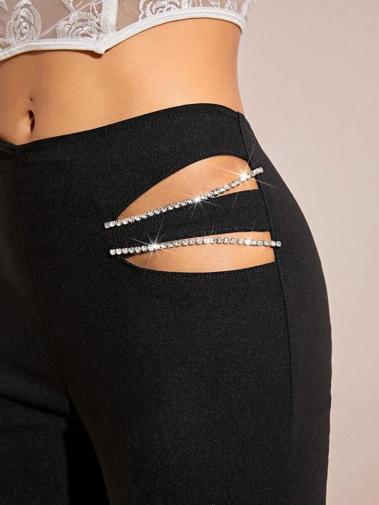 Women's Solid Color Hollow Out Design Rhinestone Decor Elegant Flare Pants