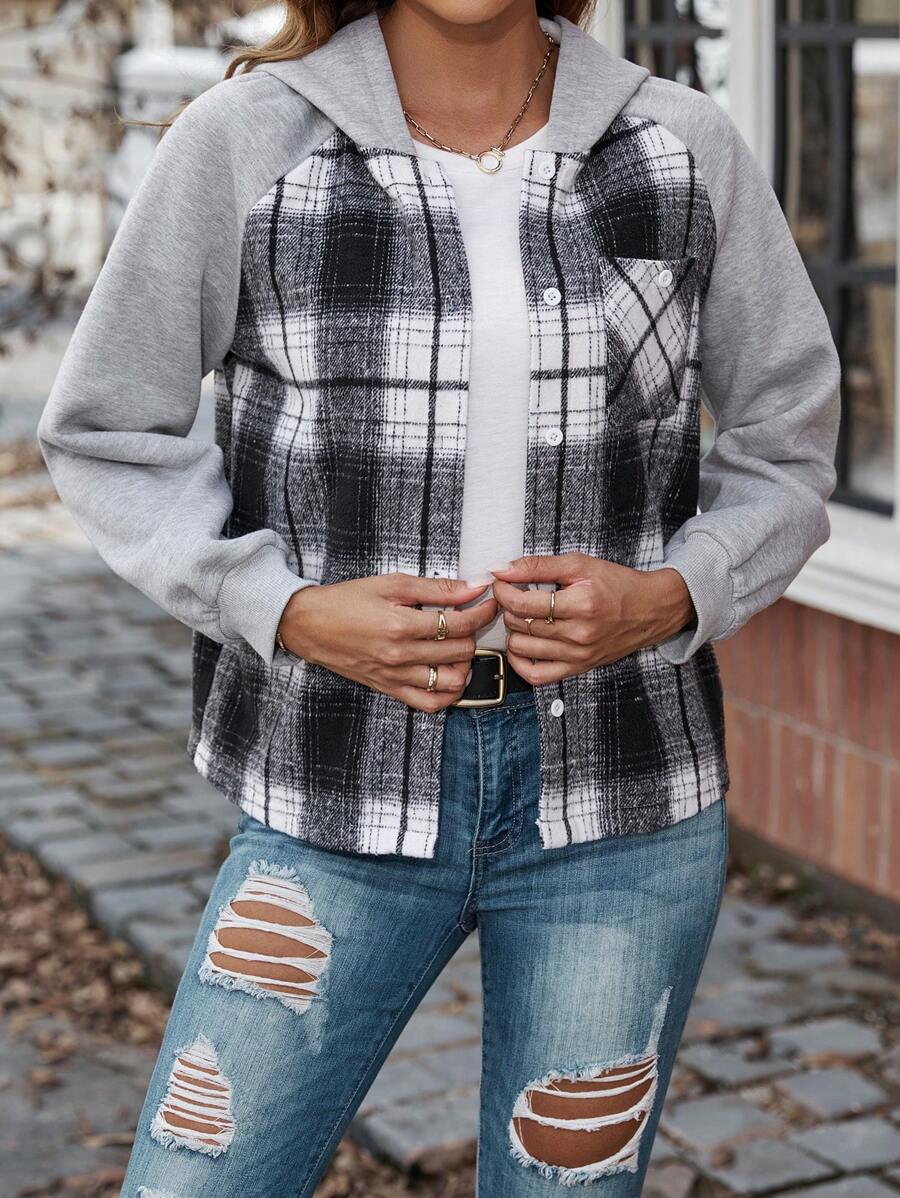 SHEIN LUNE 格紋印花插肩袖連帽外套 - 黑與白 - 查看 1