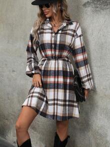 SHEIN LUNE Plaid Print Half Button Shirt Dress - Multicolor - View 3