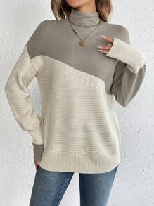 SHEIN Tall 雙色小高領落肩袖套頭毛衣 - 彩色 - 查看 5