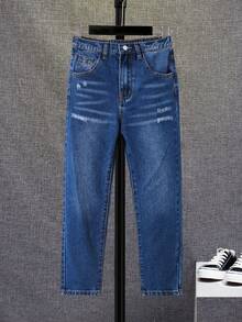 SHEIN Tween Boy Cat Whisker Scratch Jeans - Dark Wash - View 3