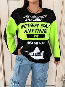 Flirla Plus Slogan Graphic Colorblock Drop Shoulder Sweatshirt Pullover Fall Sweatshirt - Black - View 6