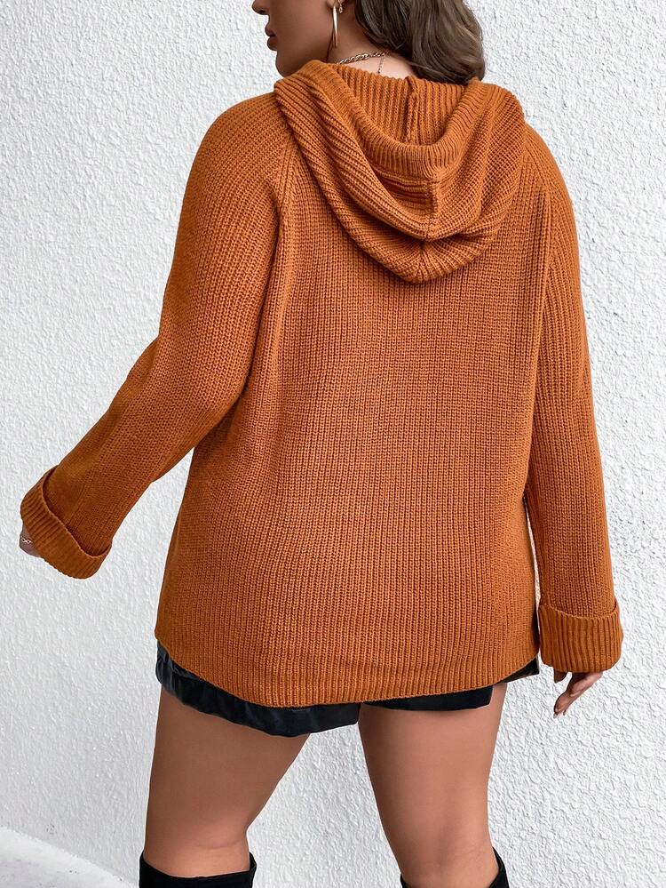 Plus Raglan Sleeve Drawstring Hooded Sweater Knit Pullover Fall Winter Sweater
