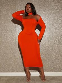 Slaydiva 優雅挖空純色加大洋裝 - 橘色 - 查看 3