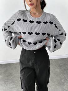 SHEIN Unity Heart Pattern Drop Shoulder Knit Pullover Fall Winter Sweater - Multicolor - View 6