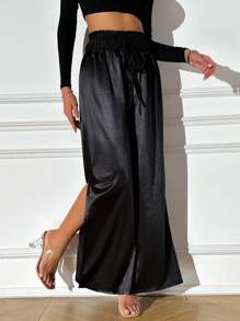 Allurite Tie Waist Split Thigh Wide Leg Pants - Black - View 3