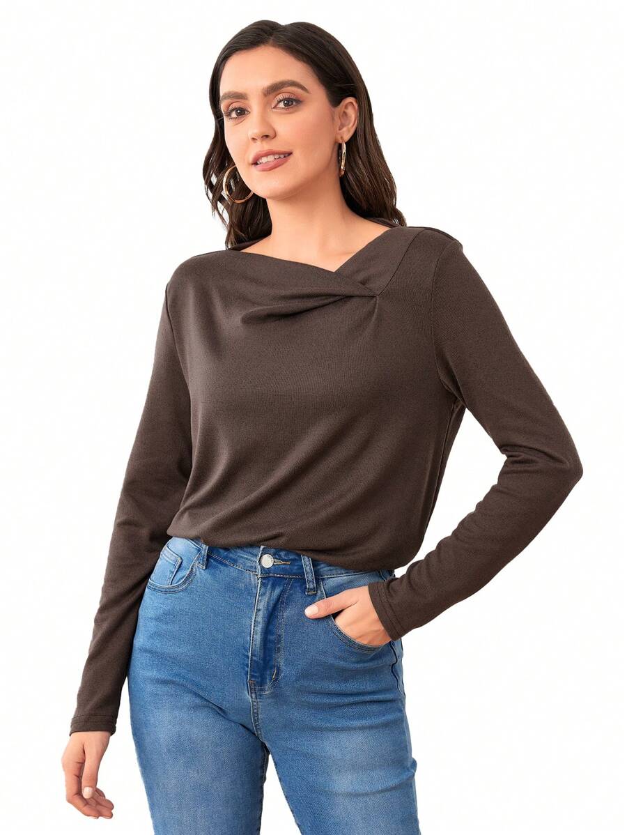 SHEIN LUNE Solid Cowl Neck Tee - Coffee Brown - View 1
