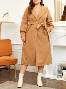 SHEIN Franclia 大碼翻領腰帶花呢外套 - 駝色 - 查看 1