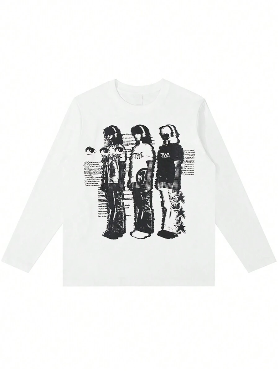 Men Slogan & Figure Graphic Tee, Breathable, Absorbs Sweat, Antistatic - White - View 1