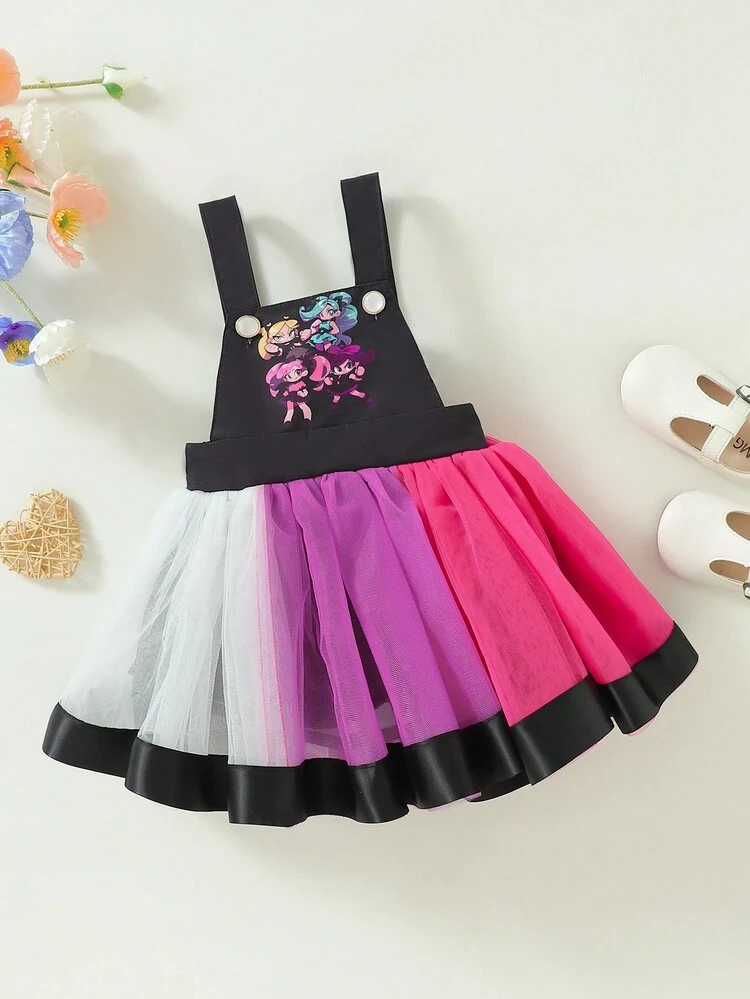 Baby Girl Floral Print Colorblock Mesh Overlay Overall Dress