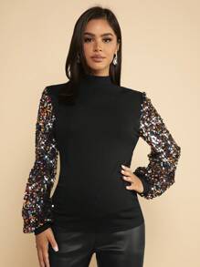 SHEIN Maternity Mock Neck Contrast Sequin Lantern Sleeve Tee - Black - View 3