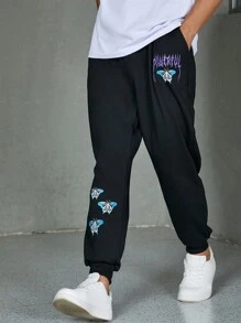 Manfinity Homme 男士大码字母圖案斜口袋衛褲 - 黑色 - 查看 6