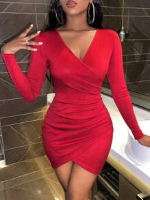 Glamine Charm Surplice Neck Wrap Ruched Side Tulip Hem Bodycon Dress - Burgundy - View 3