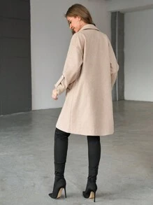 EURMUSE Roll Tab Sleeve Double Breasted Overcoat - Beige - View 2