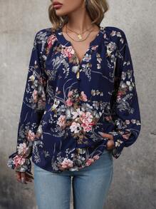 EMERY ROSE In hoa tay áo lá sen Áo sơ mi - Màu xanh hải quân - Xem 5