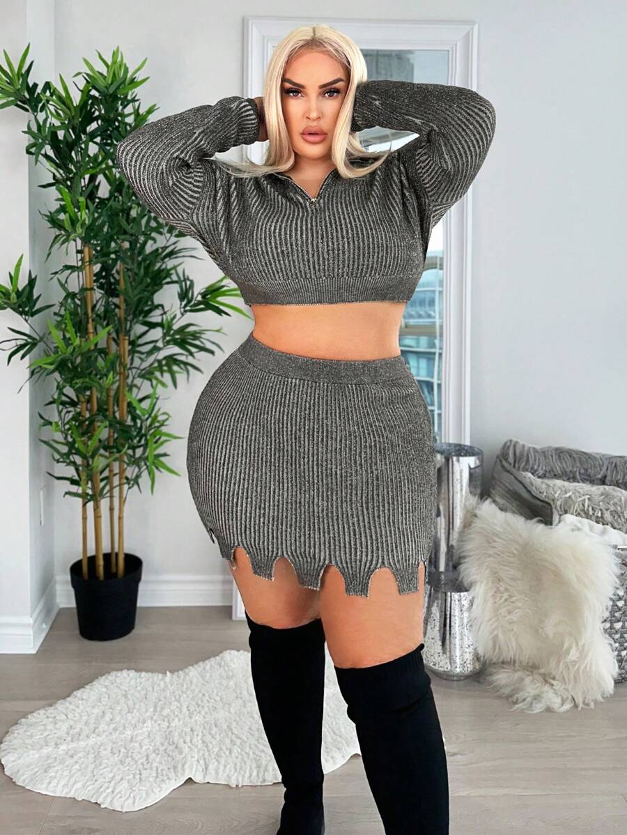 SHEIN SXY 大碼不對稱下擺針織短裙 - 深灰色 - 查看 1