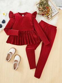 女大童荷葉邊荷葉邊下擺絲絨上衣和緊身褲 - 紅色 - 查看 1