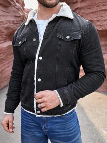 Manfinity Homme Lỏng lẻo phù hợp Nam Áo khoác denim Với Cổ áo Borg Và Sang trọng Lót - màu đen - Xem 6