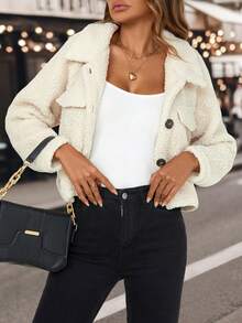 SHEIN Essnce Chi tiết về Flap Thả vai Áo Teddy Jackets - Màu be - Xem 5