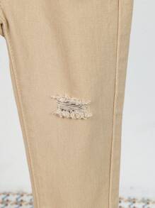 女嬰破洞毛邊牛仔褲 - 卡其色 - 查看 5