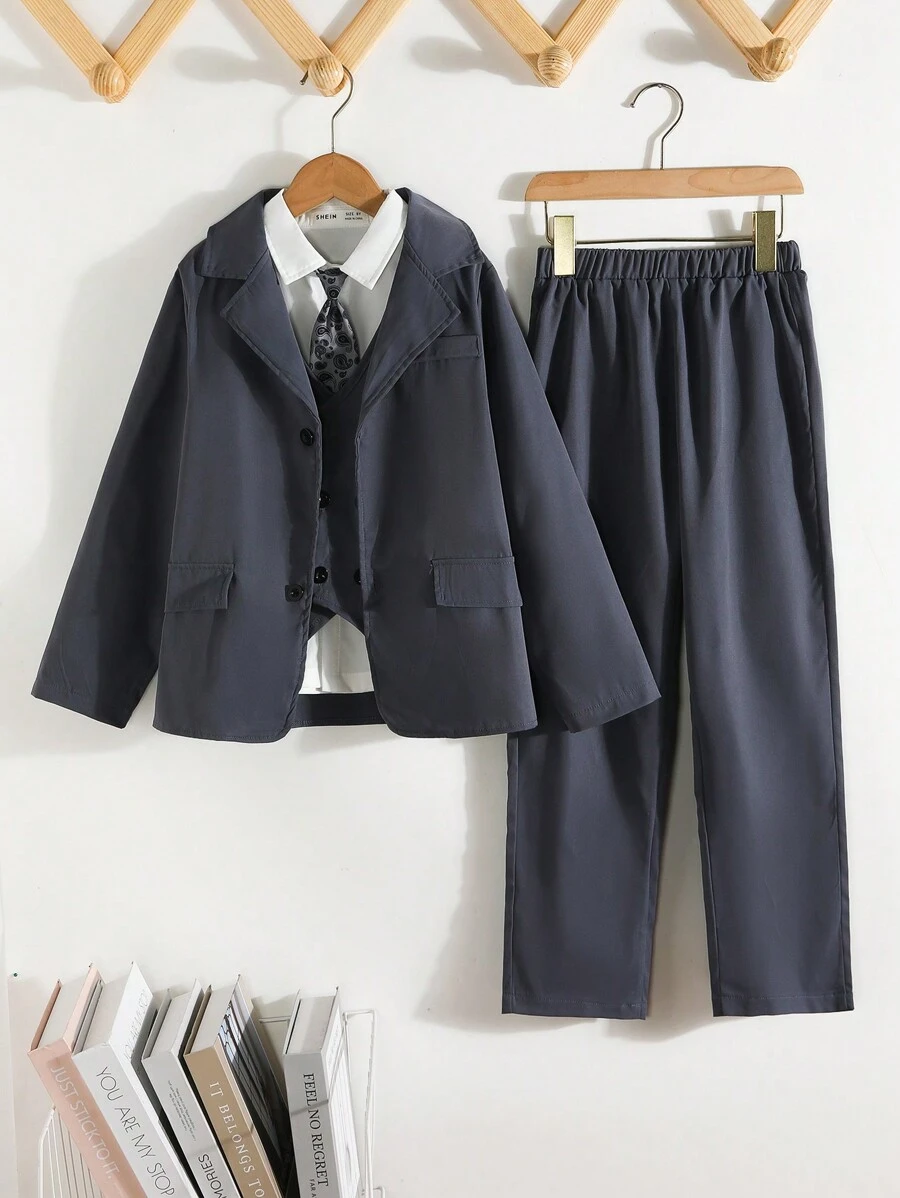 男大童素色西裝外套&西裝褲&馬甲西裝外套無襯衫 - 灰色 - 查看 1