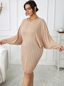 Calvaya Plus Batwing Sleeve Ribbed Knit Sweater Dress - Brown - View 4