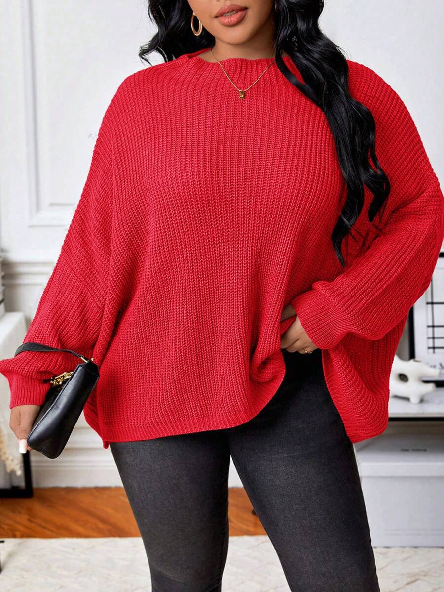 Elenzga 大碼蝙蝠袖條紋針織套頭毛衣