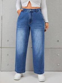 SHEIN EZwear 大碼斜口袋牛仔褲 - 中等水洗藍 - 查看 1