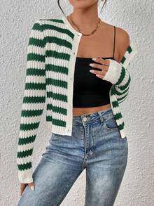 SHEIN Essnce Striped Pattern Button Front Cardigan - Green - View 5