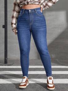 SHEIN EZwear 大碼素色拉鏈門襟緊身牛仔褲