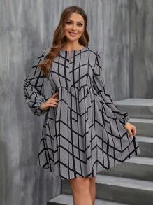 SHEIN LUNE Plus Allover Print Lantern Sleeve Dress - Black and White - View 5