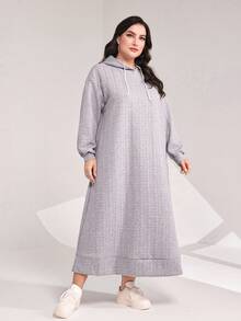 Mulvari Plus Drop Shoulder Drawstring Hooded Dress - Grey - View 3