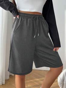SHEIN EZwear 腰部抽繩斜口袋短褲 - 深灰色 - 查看 3