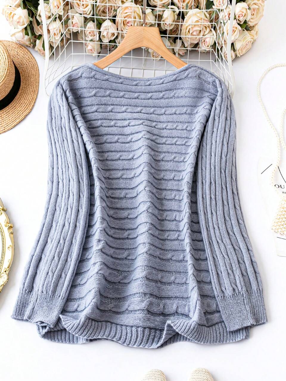 Plus Solid Cable Knit Sweater Knit Pullover Fall Winter Sweater