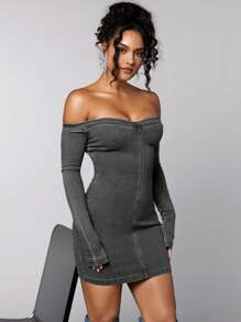 SHEIN BAE Off Shoulder Bodycon Denim Dress - Grey - View 6