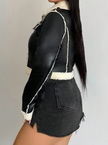 SHEIN SXY 泰迪熊襯里拉鏈 PU 皮夾克 - 黑色 - 查看 4