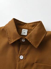 Young Boy Letter Patched Detail Pocket Front Brown Shirt Chic Autumn/Winter - Brown - View 5