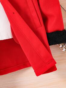 SHEIN Cô gái Tween Trang trí Fuzzy áo có mũ Áo khoác Không có áo len Đối với Giáng sinh - Đỏ - Xem 3