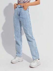 SHEIN EZwear High Waist Straight Leg Jeans - Light Wash - View 5
