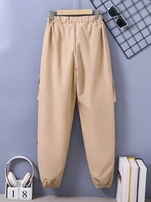 Teen Girl Letter Patched Detail Flap Pocket Side Cargo Pants - Khaki - View 2