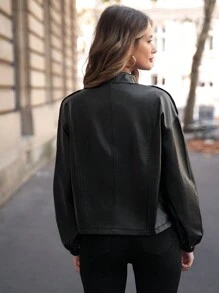 SHEIN Frenchy 落肩袖PU皮革夾克 - 黑色 - 查看 2