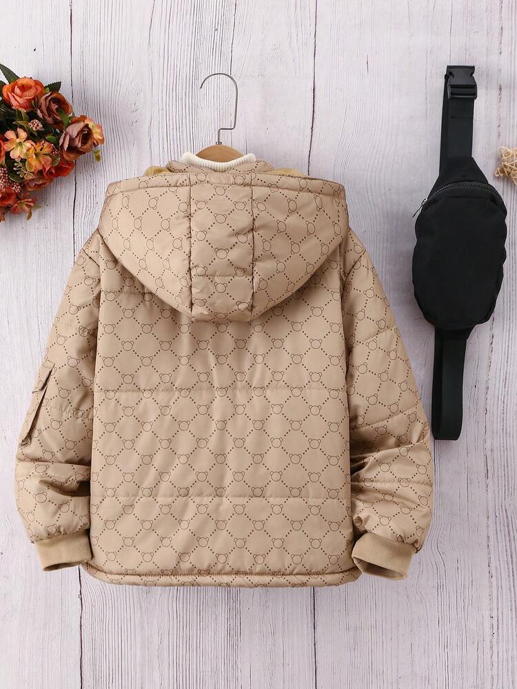 Tween Boy Allover Print Flap Pocket Side Hooded Padded Coat With Bag Without Sweater