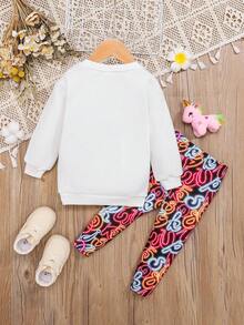 SHEIN Đứa bé gái Kỳ lân in Áo nỉ & In Toàn bộ Xà cạp - trắng - Xem 2