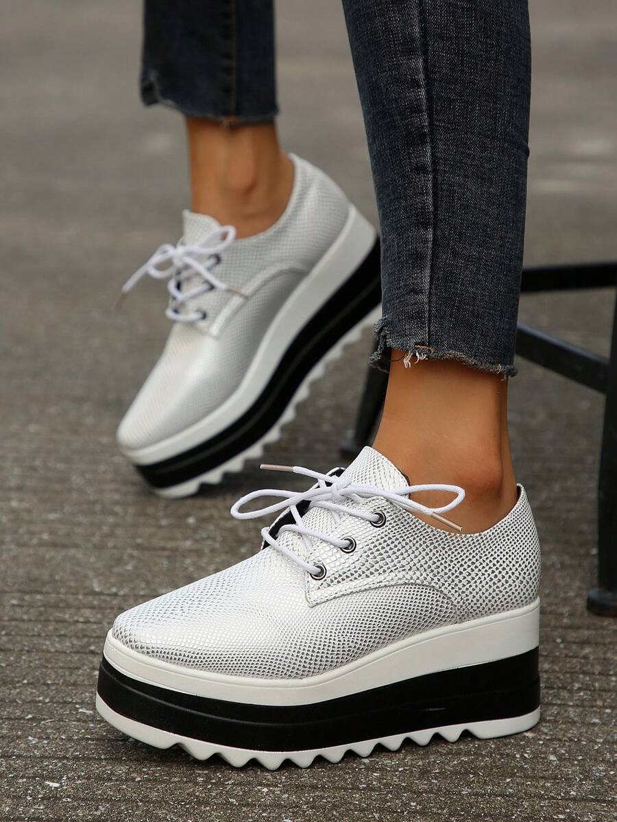 女士們蛇皮有圖案的防水台坡跟&厚下裝鞋帶方形腳趾 - 銀色 - 查看 1