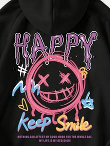 Men Cartoon & Slogan Graphic Kangaroo Pocket Drawstring Thermal Lined Hoodie - Black - View 4