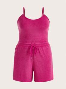 SHEIN EZwear Plus Solid Cami Top & Drawstring Waist Shorts - Hot Pink - View 1